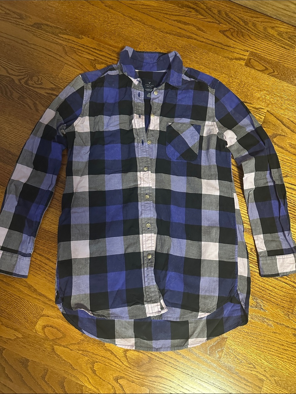 AEO Purple and Black Plaid Tunic button down